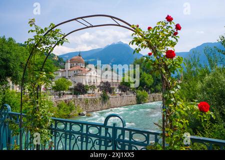 Meran, Südtirol, Italien - Kurhaus am Fluss Passer, an der Passerpromenade in der Altstadt. Vorne Rote Rosen auf der Thermenbrücke. Meran Süddtirol Italien *** Meran, Südtirol, Italien Kurhaus an der Passer-Promenade in der Altstadt Rote Rosen vor der Thermalbrücke Meran Südtirol Italien Stockfoto