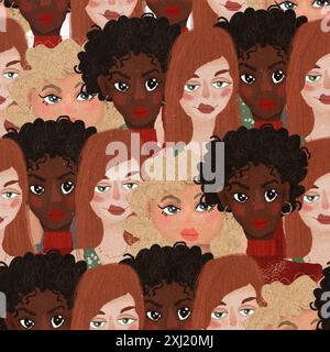 Das Kunstwerk verfügt über ein nahtloses Muster mit einer Vielzahl verschiedener Frauen, die auf einzigartige und lebendige Weise dargestellt werden Stockfoto