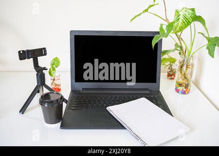 Büroeinrichtung mit Tasse Kaffee für Laptop Mockup, Kaffee Mockup, Pflanzen. Cafe Americano Arbeitet Stockfoto