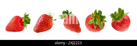 Erdbeere isoliert. Set fliegende Erdbeeren mit frischen Beeren auf weiß mit Schneidepfad. Reife Erdbeere, Designelement. Aufziehen. Hochauflösende im Stockfoto