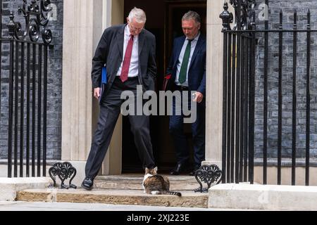 London, Großbritannien. Juli 2024. Hilary Benn Abgeordneter (l), Secretary of State for Northern Ireland, und Steve Reed OBE Abgeordneter (r), Secretary of State for Environment, Food and Rural Affairs, gehen an Larry, der Katze vorbei, während sie die Downing Street 10 nach einer Kabinettssitzung verlassen. Der britische Premierminister Sir Keir Starmer hat geraten, dass sein neues Kabinett mit dem Schwerpunkt auf der Lieferung „auf den Boden gehen“ muss. Quelle: Mark Kerrison/Alamy Live News Stockfoto