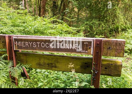 Das Schild über dem 775 ft langen Mierystock Tunnel (eröffnet 1874) auf einer Mineralbahnstrecke im Forest of Dean bei Brierley, Gloucestershire, Engl Stockfoto