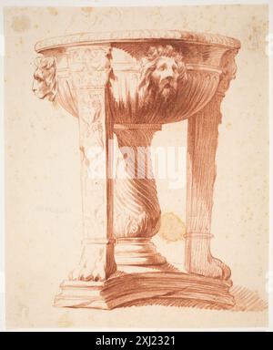 Zeichnung von Jacques Francois Joseph Saly mit einem Stativ, das mit Löwenköpfen verziert ist und dekoratives Design und skulpturale Motive veranschaulicht. Stockfoto