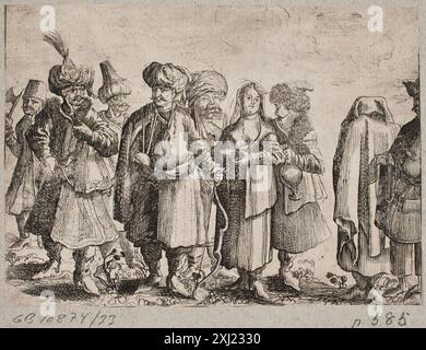 Deutscher Kupferstich, der Männer und Frauen in orientalischen Anzügen zeigt, Kleidung, Haltung und kulturelle Details zeigt, Deutschland des 15. Bis 17. Jahrhunderts. Stockfoto