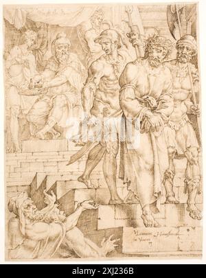 Zeichnung von Maarten van Heemskerck, in der Pontius Pilatus seine Hände vor einer Menschenmenge wäscht und den biblischen Moment illustriert, in dem Pilatus symbolisch die Verantwortung für das Schicksal Jesu freigibt. Stockfoto