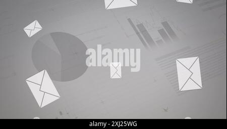 Abbildung mehrerer Meldungssymbole, die über die statistische Datenverarbeitung fallen, vor grauem Hintergrund. Globale Netzwerktechnologie und Business Data Technology Conce Stockfoto