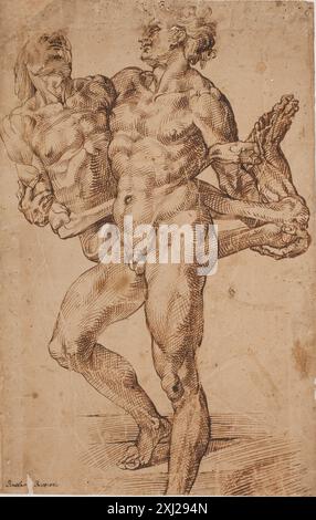 Zeichnung von Bartolomeo Passarotti, die einen muskulösen Mann mit einer abgeschälten Leiche zeigt, zeigt Anatomie und dramatische Haltung. Stockfoto