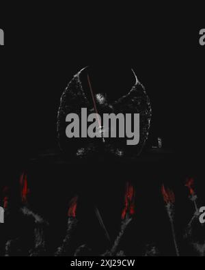 Vampir mit Schwert, Leute mit Fackeln wollen Monster verbrennen, dunkle Horror Illustration, Black Metal Art, Metal Album Cover Stockfoto
