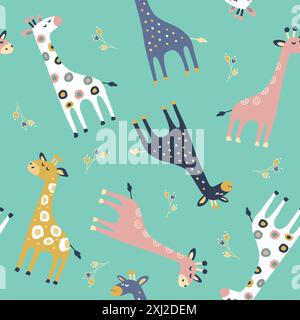 Musterillustration mit Giraffen im kindlichen Stil. Kunst für Dekoration, Stoffe und Geschenkpapier unter anderem. Stock Vektor