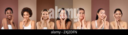 Lächelnde, Vielfältige Frauen, Die Gesichter Vor Beigem Hintergrund Berühren Stockfoto