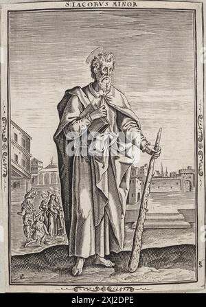 Dies ist ein Kupferstich von Sankt Jakob dem Jüngeren von Nicolaes de Bruyn, der im späten 16. Bis Mitte des 17. Jahrhunderts erstellt wurde und detaillierte Linienarbeiten zeigt, die typisch für Bruyns Drucke sind. Stockfoto