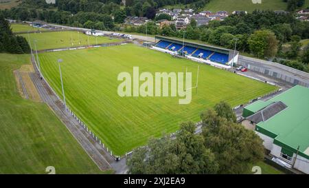 Drohnenblick auf den Mansfield Park, Heimstadion des Hawick Rugby Football Clubs. Mansfield Road, Hawick, Schottland. Stockfoto