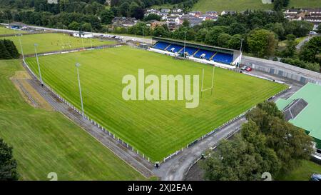 Drohnenblick auf den Mansfield Park, Heimstadion des Hawick Rugby Football Clubs. Mansfield Road, Hawick, Schottland. Stockfoto