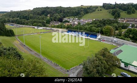 Drohnenblick auf den Mansfield Park, Heimstadion des Hawick Rugby Football Clubs. Mansfield Road, Hawick, Schottland. Stockfoto