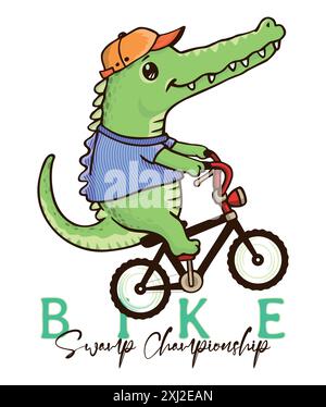 Illustration eines Alligators auf dem Fahrrad. Kunst im Kinderstil. Stock Vektor