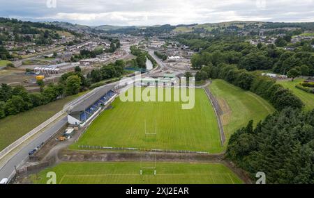 Drohnenblick auf den Mansfield Park, Heimstadion des Hawick Rugby Football Clubs. Mansfield Road, Hawick, Schottland. Stockfoto