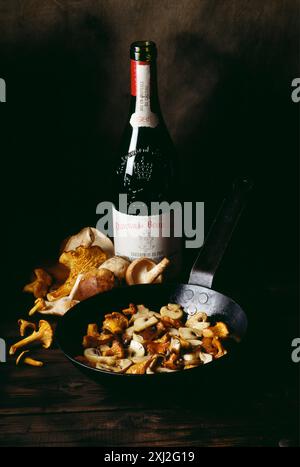 Pilz Frikassee und Rotwein Stockfoto