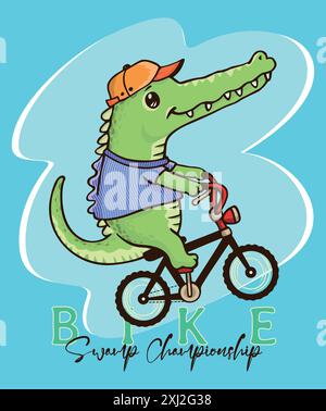 Illustration eines Alligators auf dem Fahrrad. Kunst im Kinderstil. Stock Vektor