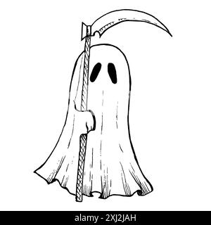Vektor halloween Geister Grim Reaper. Handgemalte lineare Phantomsilhouette. Grafisches monochromes Symbol des Todes für Tattoo, magische Hand p Stock Vektor