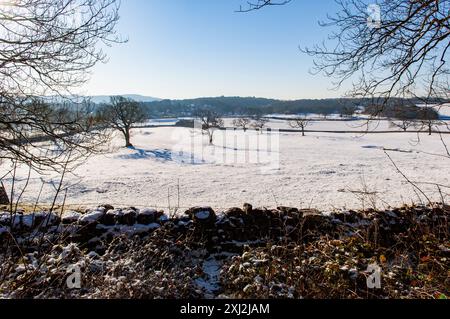 Ein Blick über verschneite Felder. Traufwald in der Nähe von Silverdale, Lancashire. Stockfoto