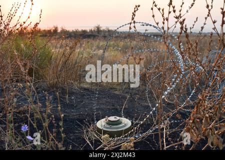 Eine Panzerabwehrminen und Stacheldrähte auf dem Schlachtfeld an der Frontlinie bei Robotyne. Der unnachgiebige Druck der Ukraine, ihre Verbündeten dazu zu bewegen, Ziele innerhalb Russlands mit gespendeten Waffen zu treffen, könnte beginnen zu funktionieren, sagte Präsident Wolodymyr Zelenskij am 15. Juli 2024. Wenn diese Erlaubnis nicht erlaubt wird, wird die Ukraine ihre eigenen Waffen einsetzen, um Russland zu treffen. Viele seiner Verbündeten unter der Führung der USA setzen den Zielen Grenzen, die sie innerhalb Russlands treffen können. Etwas, das Kiew sagt, macht es unmöglich, die Luftstützpunkte und die kritische russische Infrastruktur zu treffen, die Moskau benutzt, um zu b Stockfoto