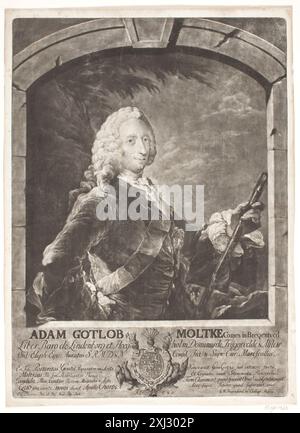 Adam Gotlob Moltke Baurenfeind, Georg Vilhelm 1728 - 1763, Pilo, C.G. 1711 - 1793 Mezzotint, Print Samlinger til en beskrivende Catalog over Portraiter af Danske, Norske og Holstenere, A Strunk, Nr. 1863, 41322, 1865. Danske portrætter i kobberstik, litografi og træsnit: en beskrivende fortegnelse, P.B.C. Westergaard, Nr. 7983, C 3997:1-2 da, 1930-1933. Sprengel, Wahl o.fl: Neue Erd-beschreibung. I-XIII, A.. F Büsching, S. 346, D 526, 1777-1807 Adam Gotlob Moltke Stockfoto