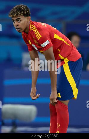 Berlin, Allemagne. Juli 2024. Lamine Yamal aus Spanien während des Endspiels der UEFA Euro 2024 zwischen Spanien und England am 14. Juli 2024 im Olympiastadion in Berlin - Foto Jean Catuffe/DPPI Credit: DPPI Media/Alamy Live News Stockfoto