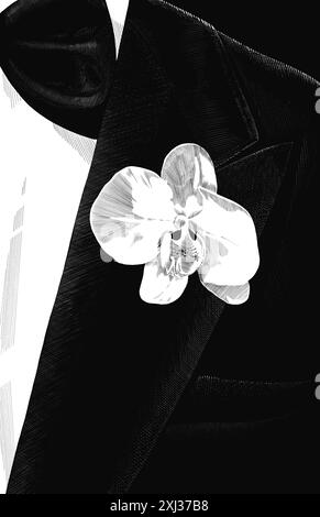 Traditionelles Hochzeitskleid des Bräutigams mit einer blühenden Orchidee im Knopfloch seiner Jacke. Schwarzweiß-Illustration. Einladungsdesign. Stockfoto