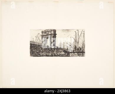 Gravur des Trajan-Bogens in Ancona von Giovanni Battista Piranesi und Francesco Piranesi mit Bogenstruktur, dekorativen Reliefs, Inschriften und architektonischen Elementen. Stockfoto