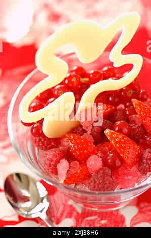 Beeren-Salat mit Granita und weißen Schokoladenblüten (Thema: Leben in Rot) Stockfoto