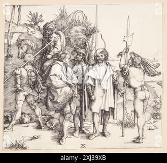 Kupferstich von Albrecht Dürer (1471–1528), der fünf Lanzenetten und eine Orientalische zu Pferd zeigt, Figuren, Pferde, Kleidung und Komposition. Stockfoto