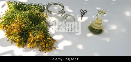 Der Prozess der Herstellung von medizinischem Öl aus Johanniskrautblüten. Kopierbereich. Stockfoto