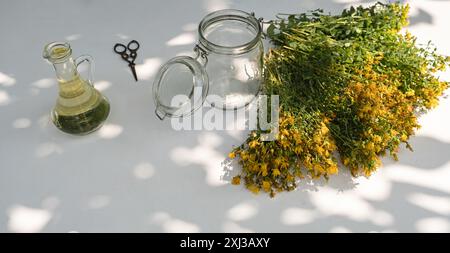 Der Prozess der Herstellung von medizinischem Öl aus Johanniskrautblüten. Kopierbereich. Nahaufnahme. Stockfoto