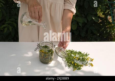 Der Prozess der Herstellung von medizinischem Öl aus Johanniskrautblüten. Kräuterkunde und alternativmedizinisches Konzept. Stockfoto