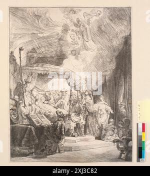 Diese Radierung von Rembrandt van Rijn zeigt den Tod der Jungfrau Maria und betont Komposition, Figuren, Gesten und emotionalen Ausdruck in der niederländischen Barockdruckerei. Stockfoto