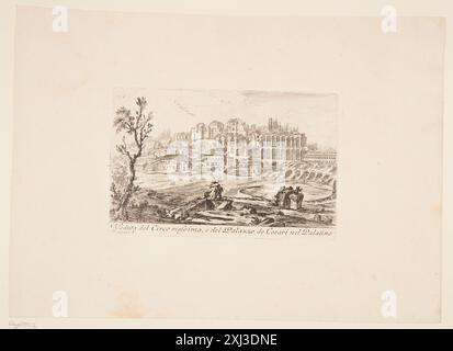 Blick auf den Circus Maximus und den Palast der Caesars auf dem Palatin Piranesi, Giovanni Battista 1720 - 1778, Bouchard, Giovanni Gravur, Print Giovanni Battista Piranesi, Henri Focillon, Nr. 103, 40762, 1967. Giovanni Battista Piranesi: The complete Radiings, John Wilton-Ely, Nr. 58, 55434, 1994. Giovanni Battista Piranesi: Eine kritische Studie mit einer Liste seiner veröffentlichten Werke und detaillierten Katalogen der Gefängnisse und der Ansichten Roms, Arthur M. Hind, S. 76-78, Nr. 7, 8013, 1922 Blick auf den Circus Maximus und den Palast der Caesars auf dem Palatin Stockfoto