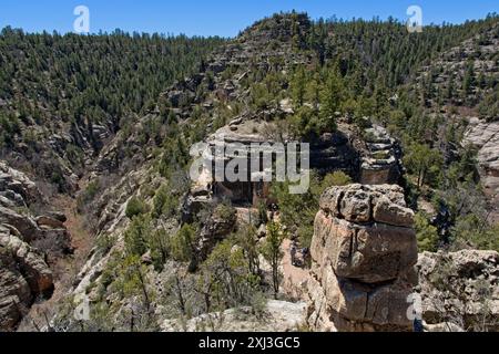 Überblick über den Island Trail, der an Klippenhäusern am Walnut Canyon National Monument vorbeiführt Stockfoto