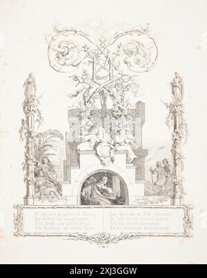 Ätzillustration für Joseph von Eichendorffs Gedicht Sehnsucht, die Figuren und Landschaftselemente zeigt, die die Stimmung des Gedichts widerspiegeln. Stockfoto