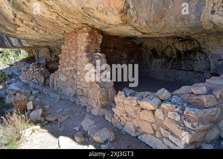 Ruinen von gemauerten Klippenwohnungen unter Kalksteinvorsprung im Walnut Canyon National Monument Stockfoto