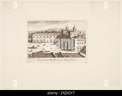 Blick auf die Villa Medici auf dem Pincian Hill Piranesi, Giovanni Battista 1720 - 1778, Bouchard, Giovanni Gravur, Print Giovanni Battista Piranesi, Henri Focillon, Nr. 92, 40762, 1967. Giovanni Battista Piranesi: The complete Radiings, John Wilton-Ely, Nr. 85, 55434, 1994. Giovanni Battista Piranesi: Eine kritische Studie mit einer Liste seiner veröffentlichten Werke und detaillierten Katalogen der Gefängnisse und der Ansichten Roms, Arthur M. Hind, S. 76-78, Nr. 17, 8013, 1922 Blick auf die Villa Medici auf dem Pincian Hill Stockfoto