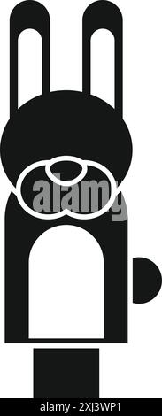 Minimalistische Schwarz-weiß-Illustration einer Kaninchenpuppe, die auf der Bühne steht, perfekt für Unterhaltung oder Kindermotive Stock Vektor