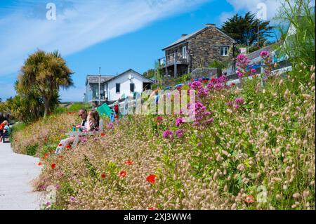 Mann und Frau sitzen auf einer Bank, umgeben von wilden Blumen, die am Flussufer der Kamelmündung im Dorf Rock Cornwall England, Großbritannien, wachsen Stockfoto