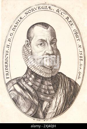 Friedrich II., König von Dänemark und Norwegen Goltzius, Hendrick 1558 - 1617 Kupferstich, Druck der Neuhollstein niederländische und flämische Radierungen, Stiche und Holzschnitte 1450-1700, Hendrick Goltzius, Teil I-IV, Marjolein Leesberg, 221, C 48058, 2012 Frederik II., konge af Danmark og Norge Stockfoto