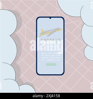 Buchen Sie ein Flugticket von einem Smartphone auf einer Karte der Stadt und der Wolken. Vektorabbildung in Schlitz flach. Konzept für den Kauf von Tickets Online-Reisen, Flug Stock Vektor