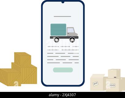 Vektorabbildung eines Smartphone-Bildschirms mit Optionen zur Bestellung von Umzugsdiensten und Zustelldiensten. Flaches Design für Logistik, Transport und Stock Vektor