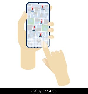 Autos auf der Stadtkarte werden auf einem Smartphone in der Hand auf weißem Hintergrund dargestellt. Konzept - Carsharing, Autovermietung, Suche und Auswahl des Autos. Vektor i Stock Vektor
