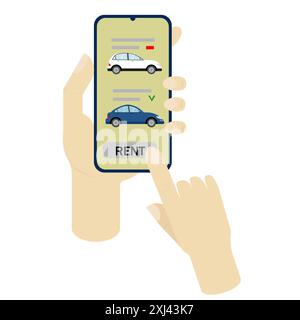 Autos auf dem Telefonbildschirm. Smartphone in der Hand auf weißem Hintergrund. Konzept - Carsharing, Autovermietung. Stock Vektor