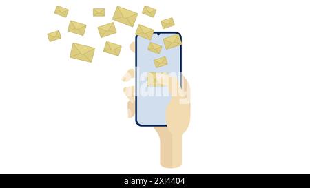 Nachrichten, die vom Telefon in Händen auf weißem Hintergrund gesendet werden. Gelbe Umschläge. Vektorabbildung. Konzept für Messenger, Messaging, Business, Notifi Stock Vektor