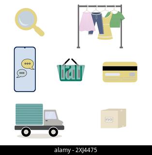 Suche, Kleiderständer, Smartphone, Korb, Banking, Kredit, Karte, LKW, Box. Set mit Symbolen auf weißem Hintergrund, Kleidung über Smartpho im Internet kaufen Stock Vektor