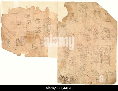 Skizzen für Figuren, Kompositionen und architektonische Vertonungen Beccafumi, Domenico 1486 - 1551 Zeichnung Mittelitalienischer Zeichnungen: Schulen von Florenz, Siena, die Marken und Umbrien. Italienische Zeichnungen in der Abteilung für Drucke und Zeichnungen, Statens Museum for Kunst, Chris Fischer, Nr. Nr. 171, S. 248, afb. S. 248, k2002-001, 2001. Kunstværkets tilblivelse, Chris Fischer, Kat. Nr. 6, Abb. 9, 2018 Skizzen für Figuren, Kompositionen und architektonische Einstellungen Stockfoto